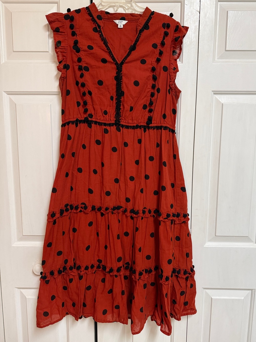 crown & ivy Red Polka Dot Ruffle Midi Dress with Black Dots